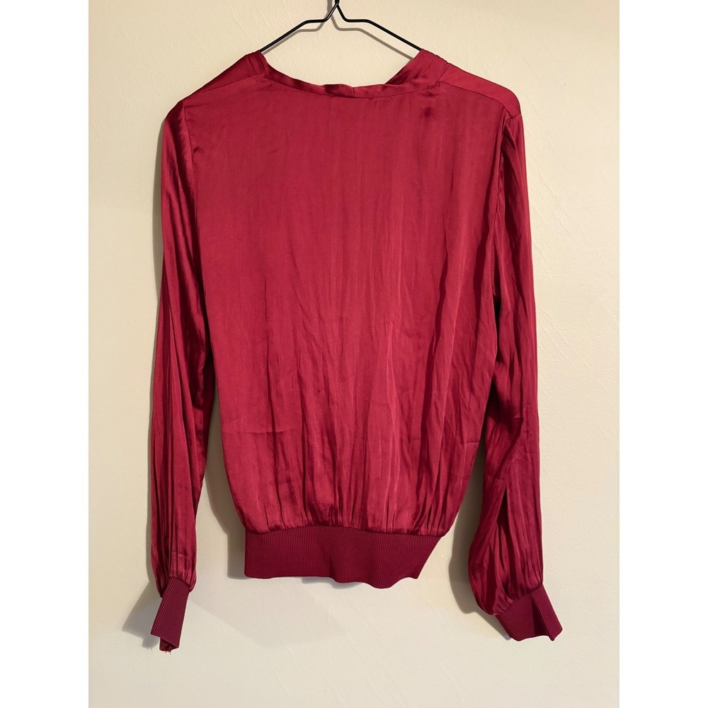 Current Air Wrap Blouse XS Burgundy Satin Ribbed Knit Cuff Romantic Coquette - Picture 3 of 7